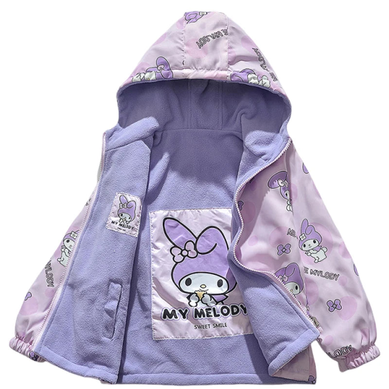 2025 Spring Autumn Kids Girls Hooded Coats Teen Sanrio My Melody Double Sided Wear Velvet Windbreaker Jackets Children Outerwear