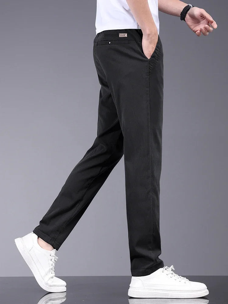 Lyocell Fabric Summer Thin Men's Casual Pants Slim Straight Elastic Waist Solid Color Business Work Trousers Brand Clothes
