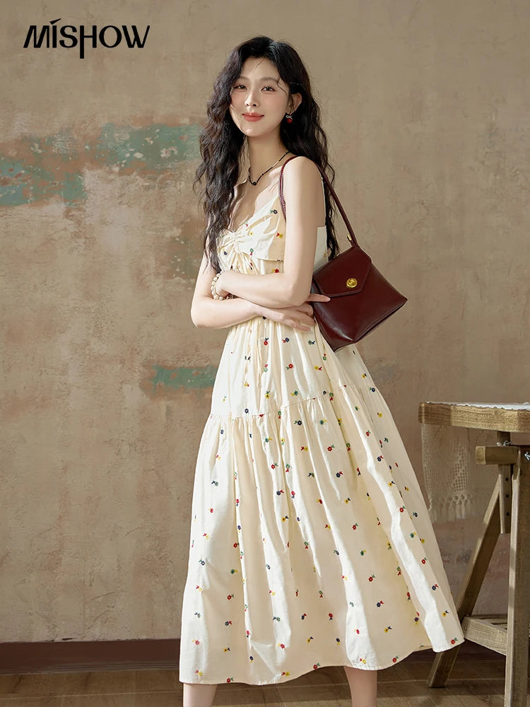 MISHOW French Dopamine Embroidered Camisole Dress Summer 2024 V-neck Adjustable Shoulder Straps Back Elasticity Dress MXD24L1906