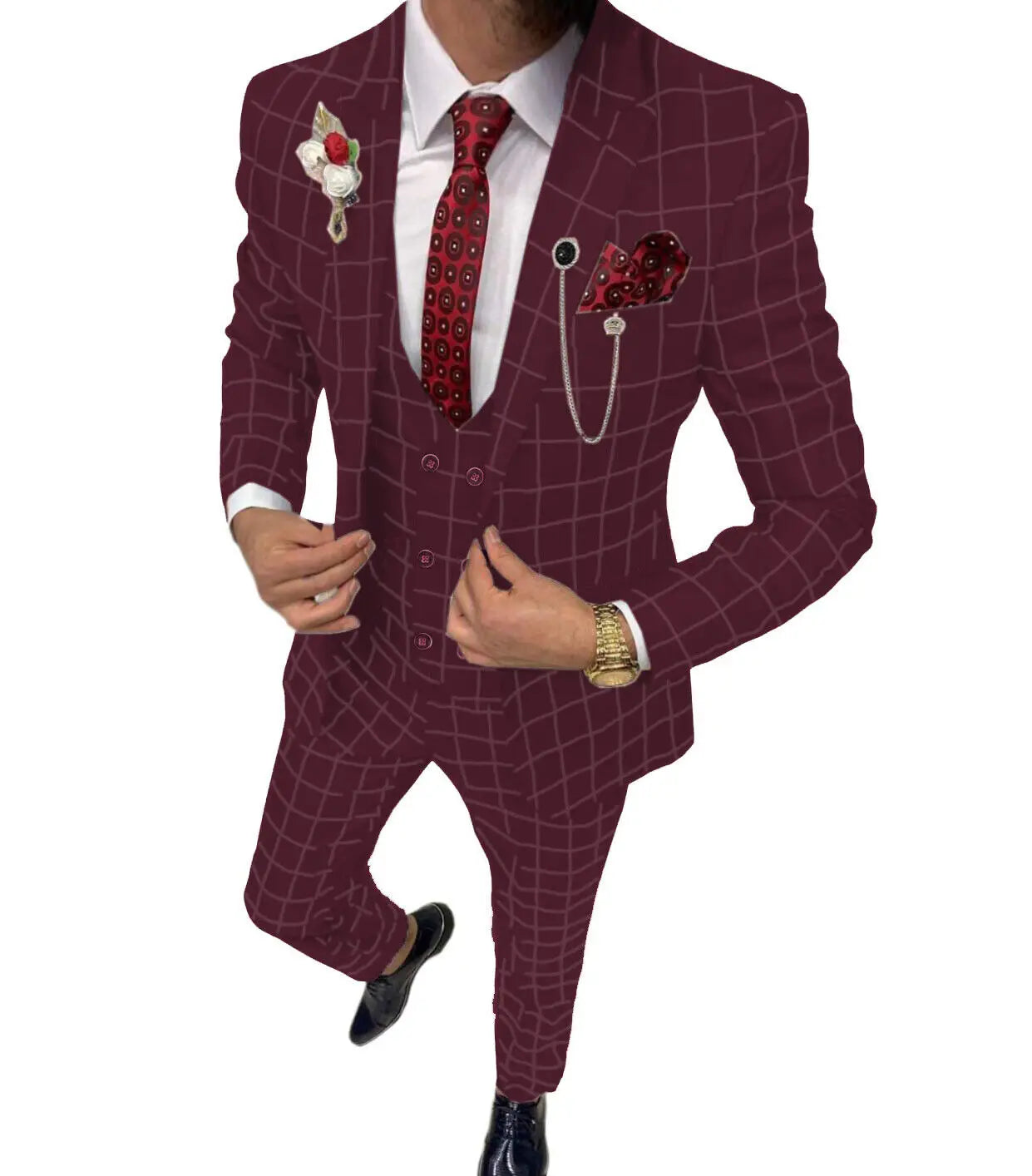 Elegant Men's Suit 3 Pieces Plaid Tuxedos