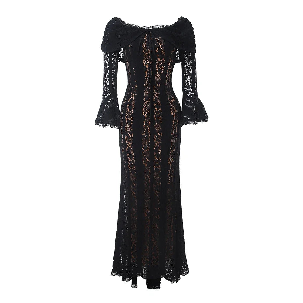 Long Sleeve Evening Party Dresses Women Black Sexy Elegant Maxi