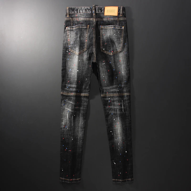 Men Jeans Retro Black Gray Slim Fit Ripped Jeans