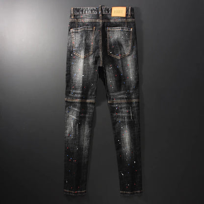 Men Jeans Retro Black Gray Slim Fit Ripped Jeans