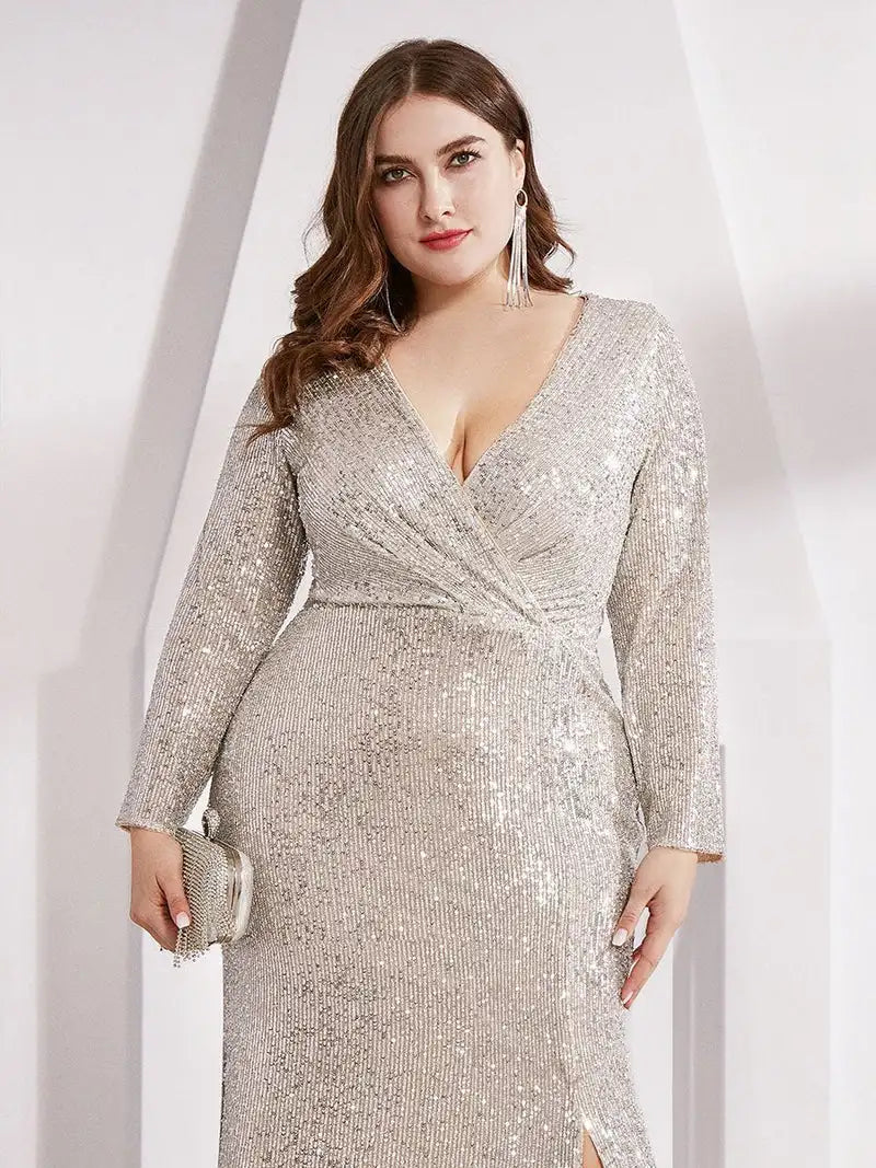 Plus Size Evening Dresses V-Neck Long Sleeves A-LINE Sequin
