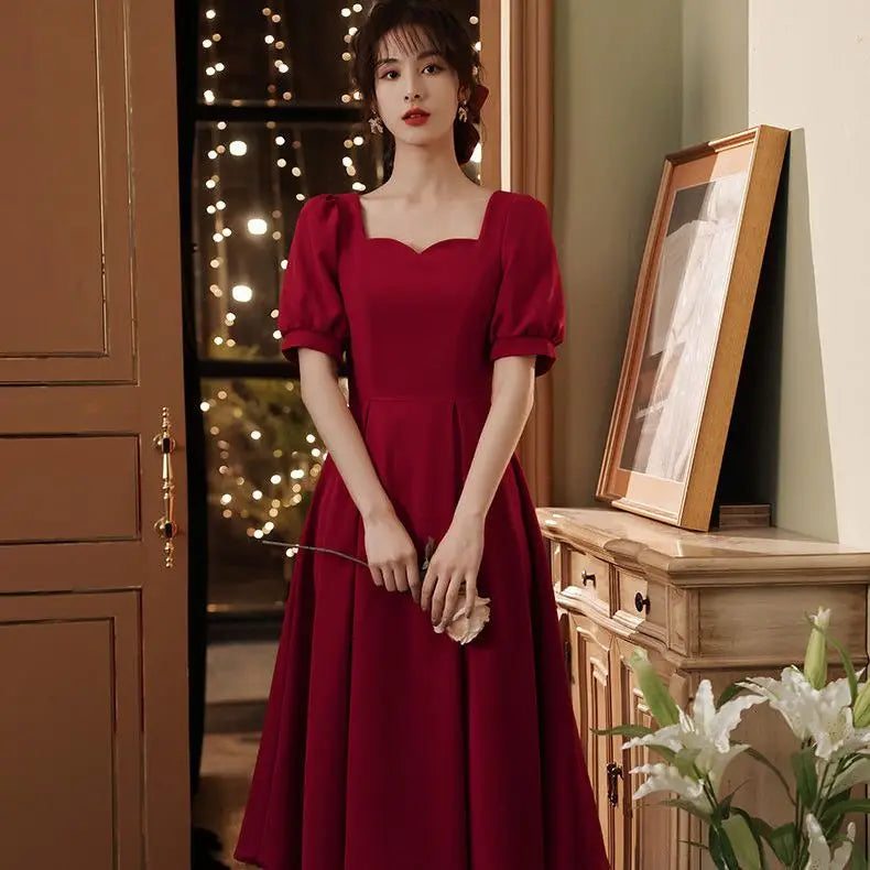 Elegant Red Midi Dress Women Summer Korean Vintage Evening Party Dress French Casual Fashion Formal Occasions One Piece Dress
