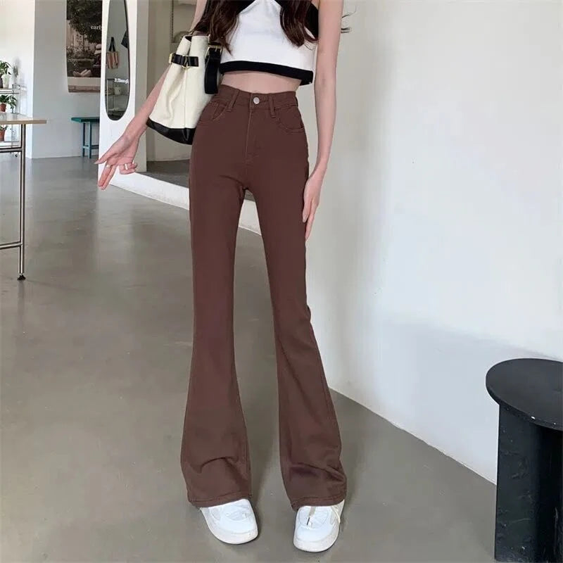 2024 Woman High Waist Vintage Flare Jeans Female Elastic Bell Bottom Pants Girls Black Brown Deep Blue Light Blue Denim Trousers
