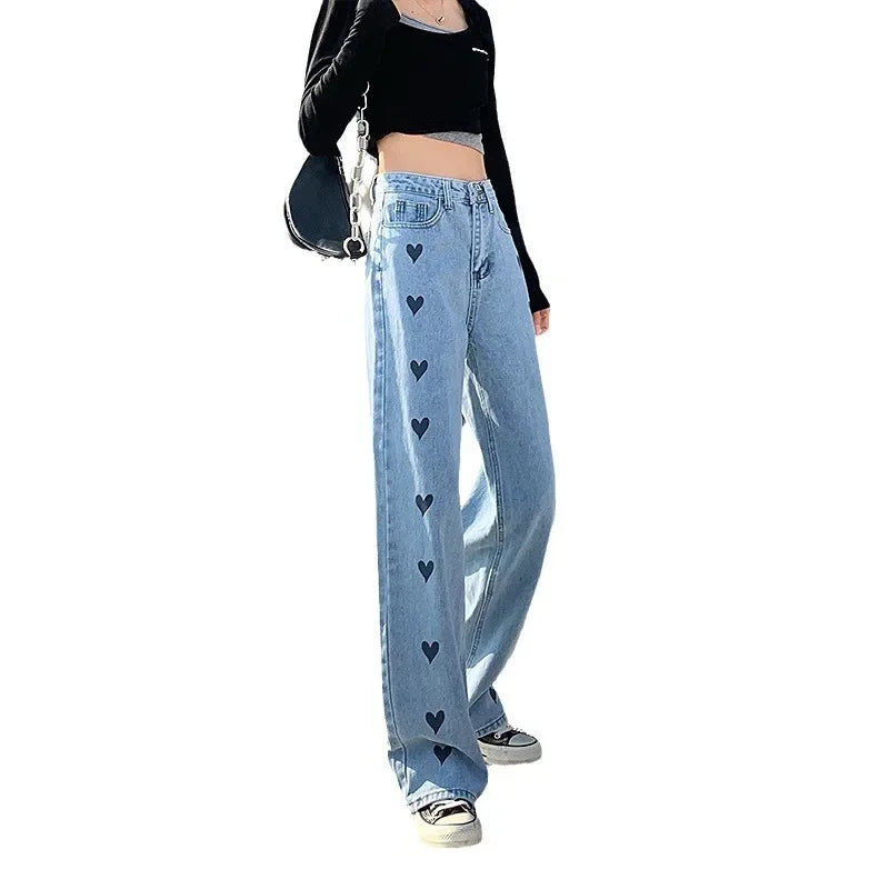 2024 New Style High-waisted Slimming Wide-leg Jeans Women's Straight-leg Loose-fit Heart Embroidery Draped Trailer Pants