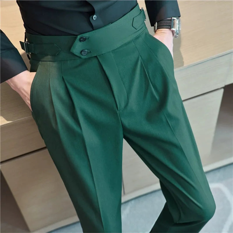 Men High Waist Casual Dress Pant Men Belt Design Slim Trousers