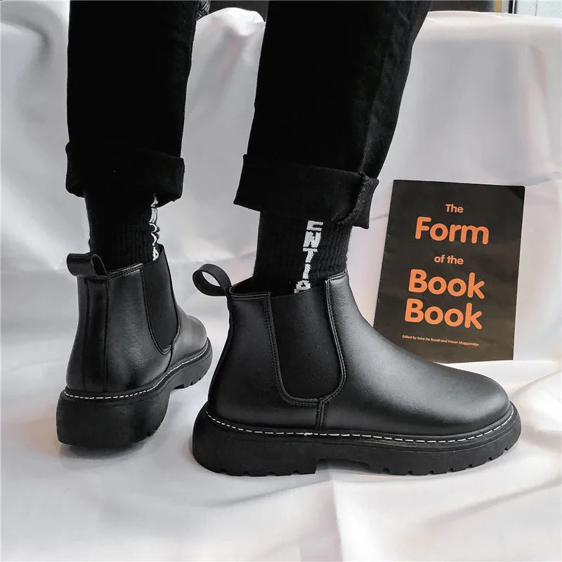 Mens Handmade Leather Chelsea Boots Elastic Sides Business Casual Dress Shoes Anti Slip Sole Comfortable Black Footwear