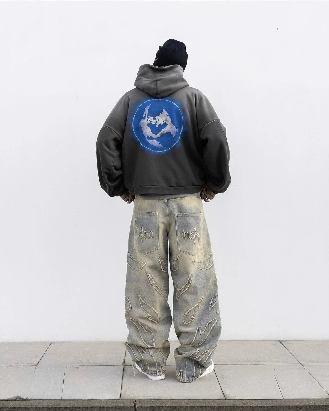 Ripped Raw Edge Embroidered Denim Trousers Retro Harajuku Baggy Jeans