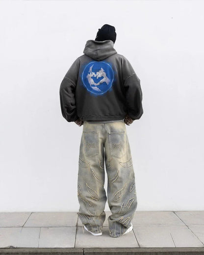 Ripped Raw Edge Embroidered Denim Trousers Retro Harajuku Baggy Jeans