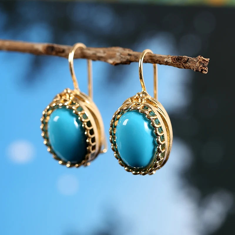 Unique Gold Color Inlaid Blue Stone Earrings for Women