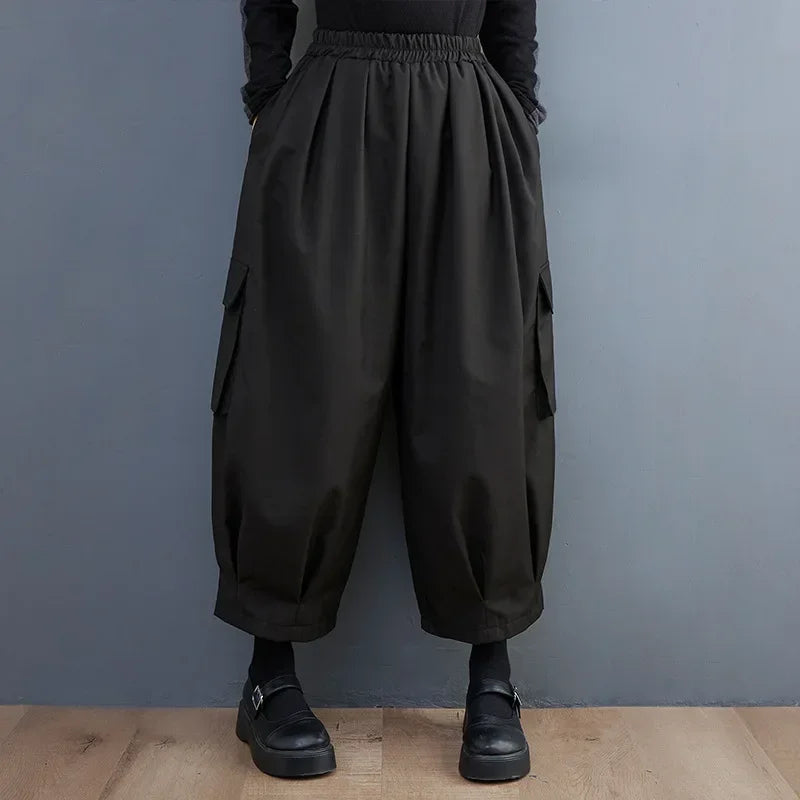 Black Vintage High Elastic Waist Oversized Cargo Pants
