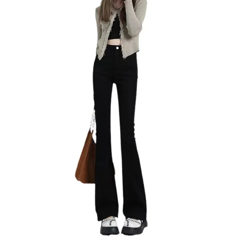 Black High-waisted Slimming Jeans Women's Autumn Winter Petite Bell-bottom Pants Trendy Vintage Horse Leggings Smooth Silhouette