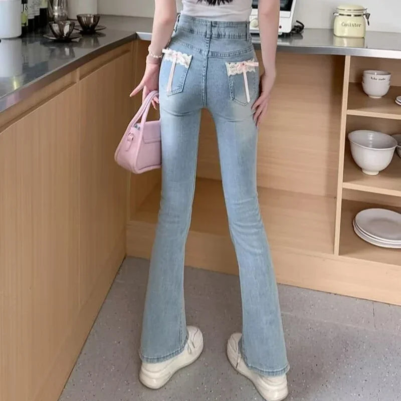 New Girls Sweet Lace Bowknots Decoration Blue Flare Jeans Lady Korean Stretch Bell Bottom Pants Female High Waist Denim Trousers
