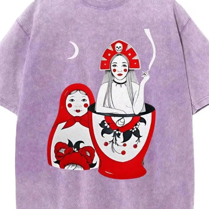 Russian Doll Pattern, Cute Style, Y2k Graphic Tee, Women's Oversized T-Shirt, Cute Hand-Painted Bunny, Korean Style Art, Summer