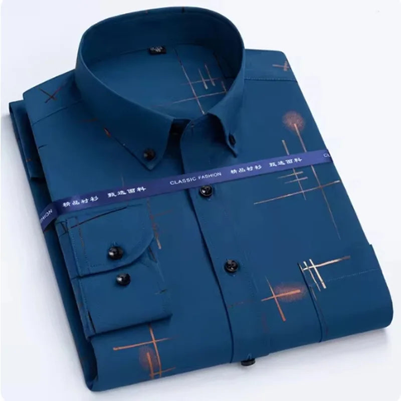 Men's Long Sleeved Shirt Hot Selling Spring Autumn Wrinkle Free Long Sleeve Stylish Business Casual Printe Thin Slim Fit Clothes