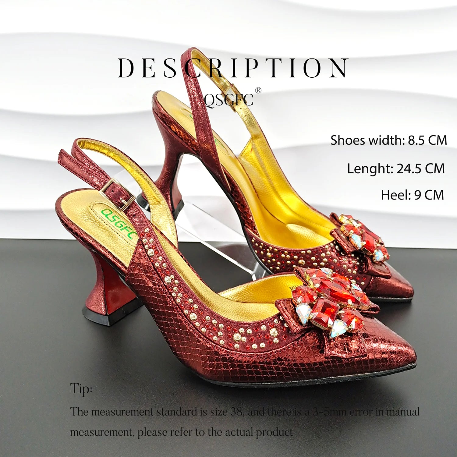 Ladies Wine Color Crystal Heels And Bag Three-Dimensional Capacity Bag & Shoes