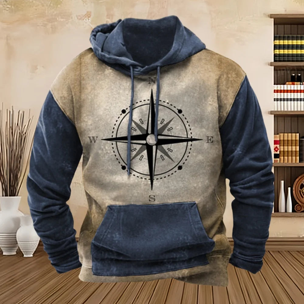 Vintage Compass Graphic Hoodies for Men Long Sleeve Pullover Sweatshirt Tops Full Print Vintage Hoodie Streetwear Men's Clothing