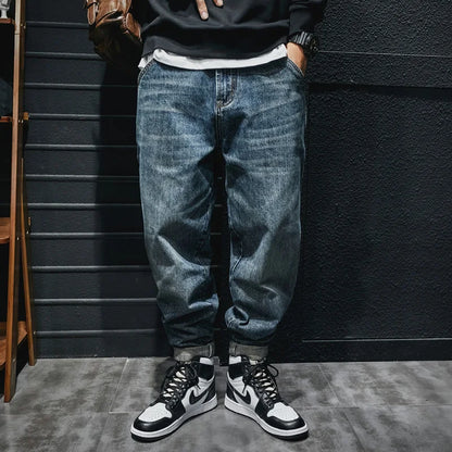 Fashion Streetwear Men Jeans Retro Blue Casual Denim Cargo Pants