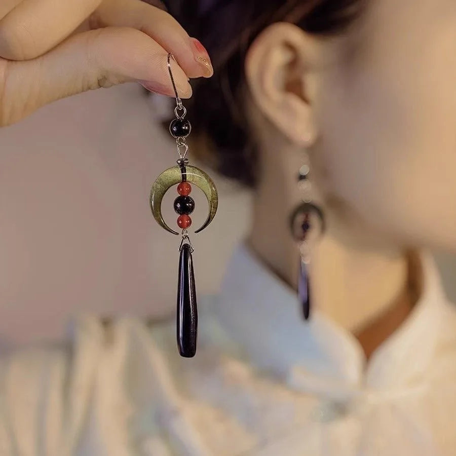 Steel Fun Jewelry HanFu Moon Pendent Long Tassel Earrings for Women