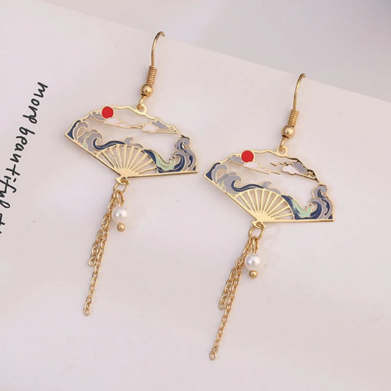 Folding Fan Crane Dangle Earrings For Women