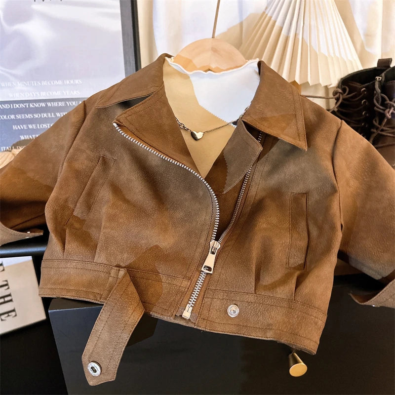 Boys Girls Brown Leather Jacket