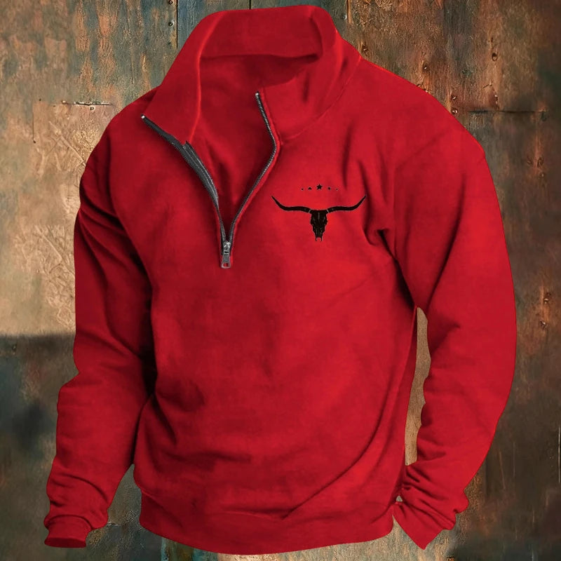 Men's Long-Sleeved Sweatshirt Autumn Winter Fleece European American Style Half-Zipper Stand-Up Collar Solid Color Bull Head Pri