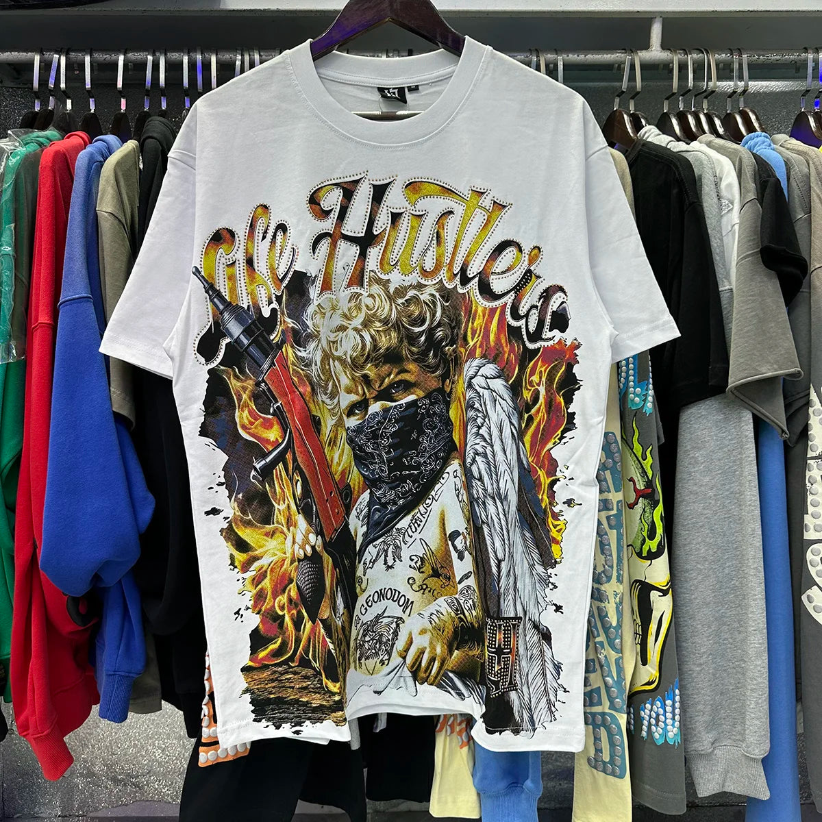 Masked Angel Shooting Arrows Diamond Cotton Short Sleeve Tshirts for Men and Women Crew Neck Loose Summer T-shirt Oversized Tees