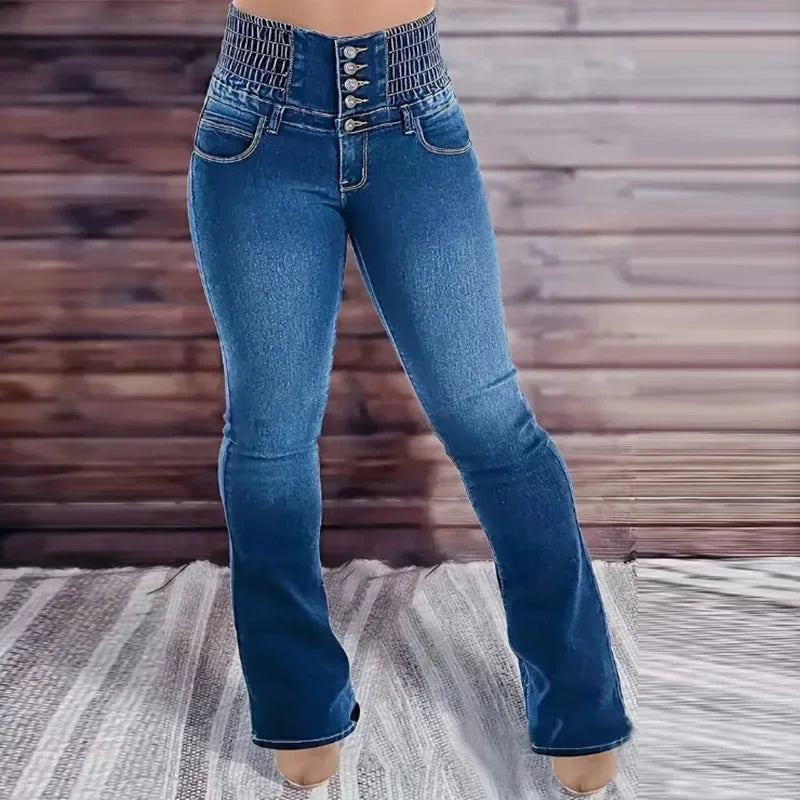 2025 Spring Jeans Womens High Waist Elastic Buttons Denim Long Flare Pants Lady Butt-lifted Breathable Plus Size Basic Trousers
