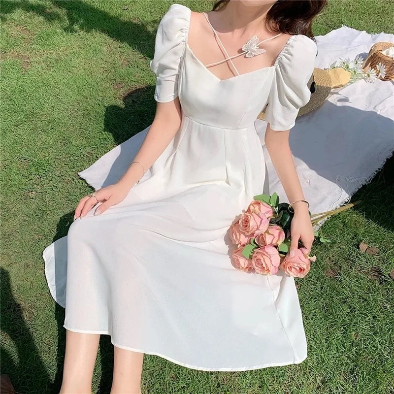 EVNISI Women Summer White Dress Puff Sleeve Party Dating Dress Square Neck A-line Fashion Casual Solid Holiday Dress 2024