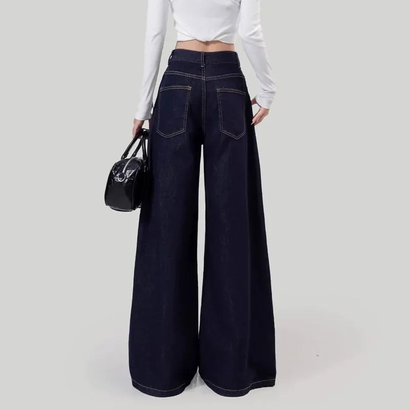Women's Loose-Fit Jeans High-Waisted Straight-Leg Niche Draped Lazy Walking Wide-Leg Long Pants Deep Blue Autumn Season