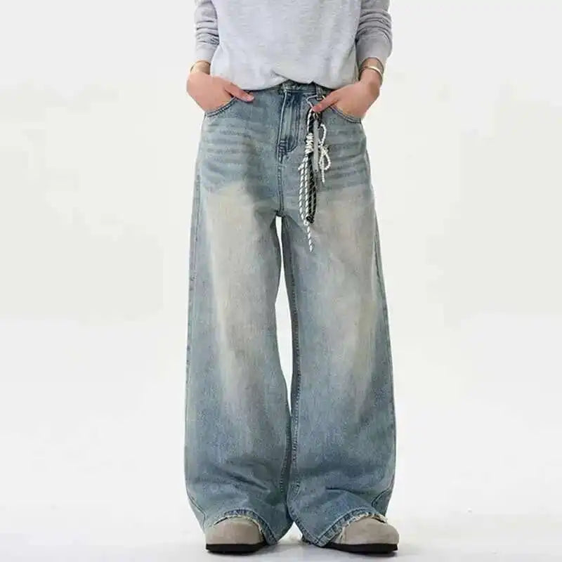 IEFB Distressed Jeans Solid Color Washing Summer Men Trousers Loose Wide Leg Casual Straight Moustache Effect Male Bottom 9W665