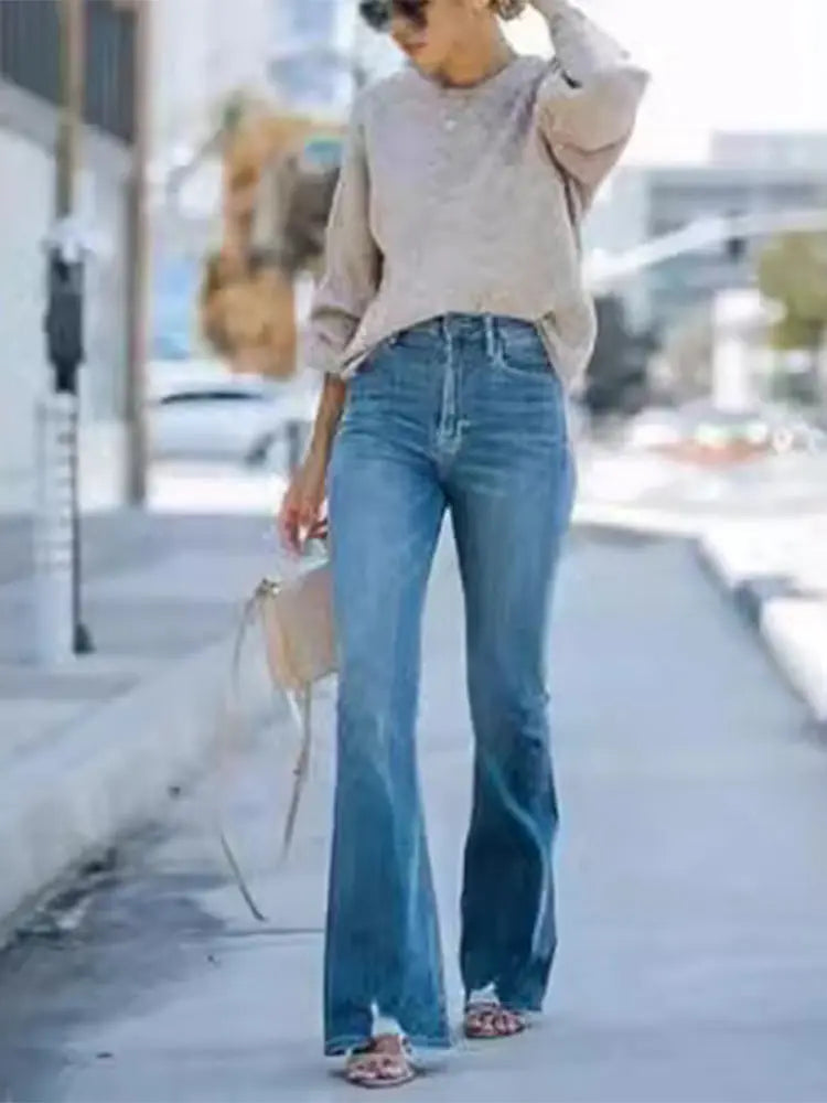 Denim Pants with Pocket Women Vintage Midi Waist Zipper Full Length Trouser Female Do Old Washed Bottom Plus Size Wide Leg Pant