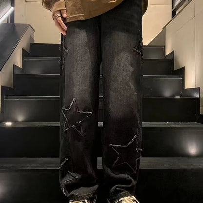 Star Embroidery Straight Casual Men Jeans Neutral Wide Leg Loose Hip-hop
