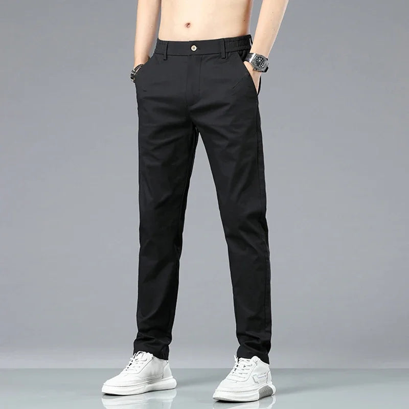 Spring Summer Cotton Men Casual Pants Elastic Waist Business Korean Fashion Straight Classic Solid Color Trousers Black Khaki