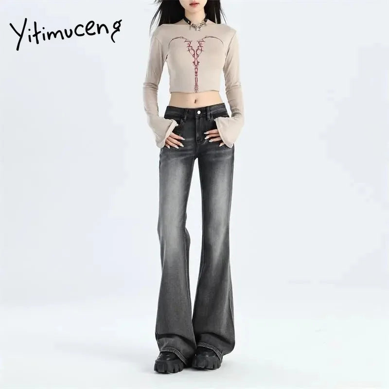 Yitimuceng Vintage Y2K Flared Jeans Women Korean Button-Up Low Rise Casual Denim Pants Female Elastic Slim Fit Jean Trousers