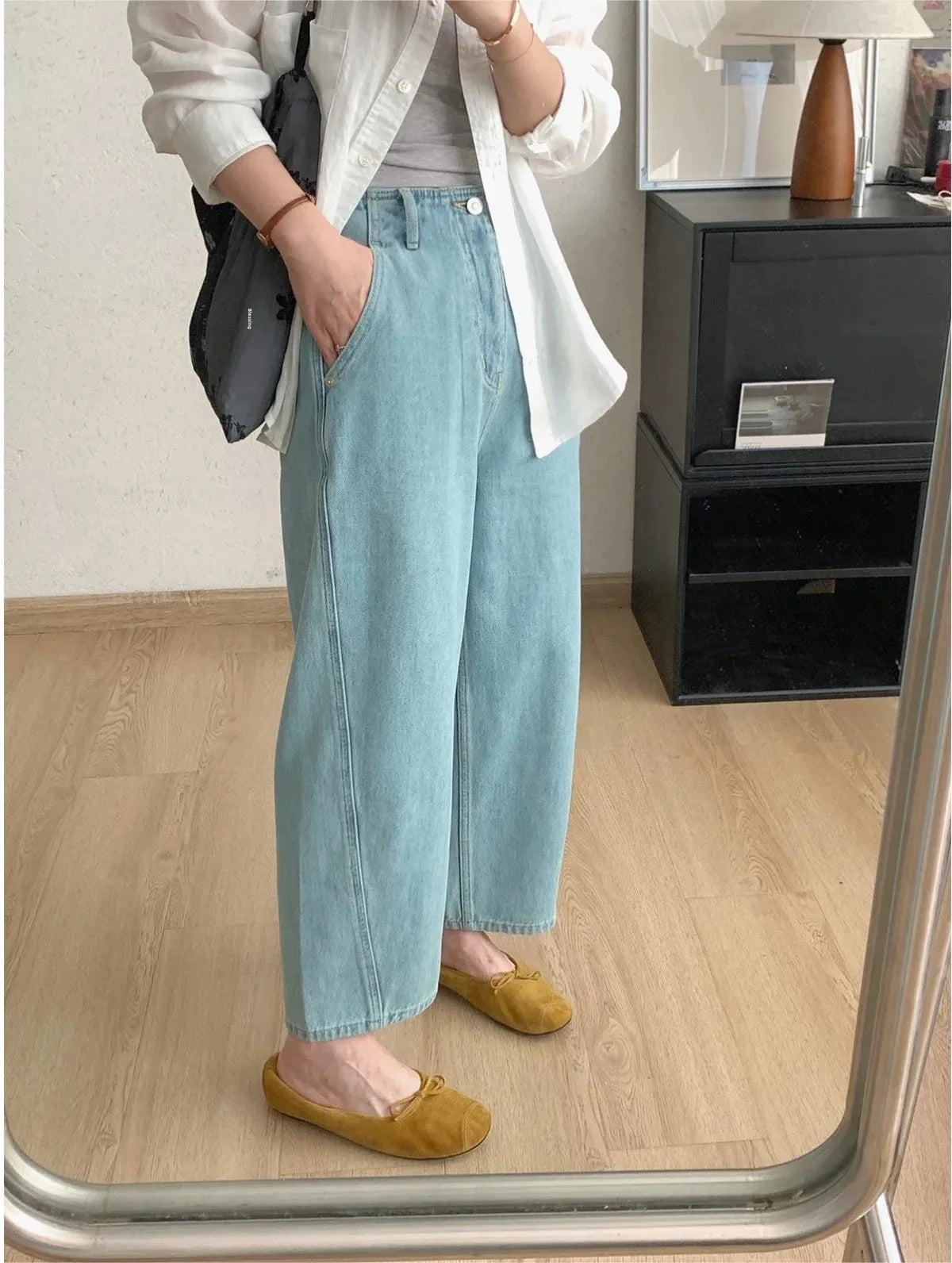 2024 Pear-Shaped Body Harajuku Jeans Women's Summer Thin Plus Size High-Waisted Banana Milk Latex Cropped Pants