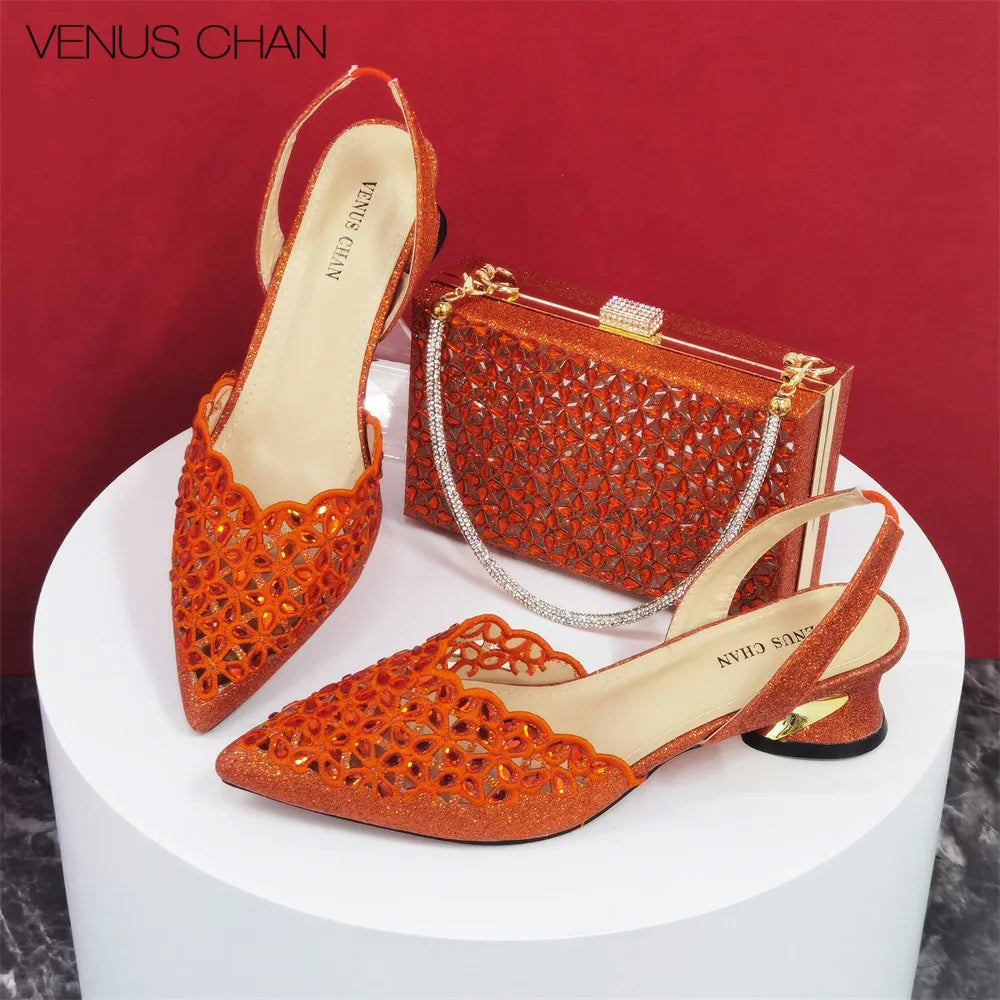 Women's High Heel Pointed Toe Sandals Party Silver Color Shoes and Bags Set