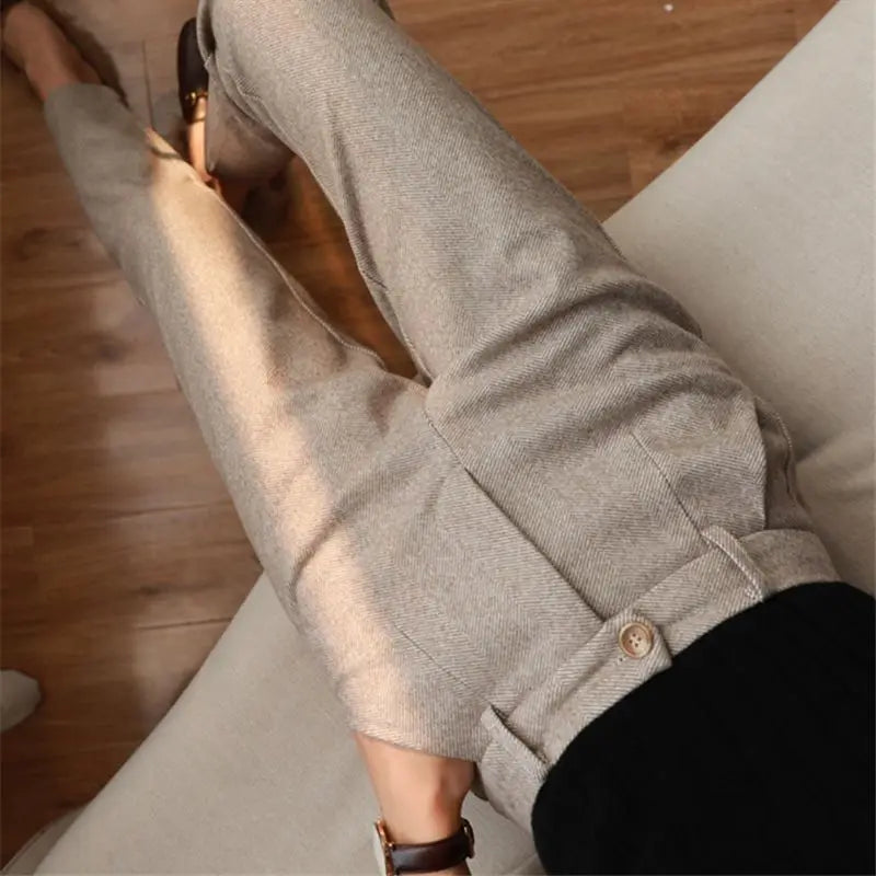 Korean Woolen Pants Women's Autumn Winter Clothing New High Waist Slimming Straight Leg Casual Pants Haren Suit Pants
