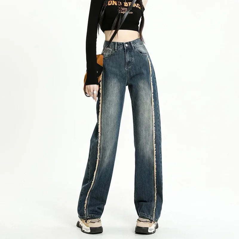Cotton Wide-leg Women's Baggy Jeans High Waist Distressed Vintage Blue Raw Edge Splicing Y2K Pants Fashion Streetwear Autumn