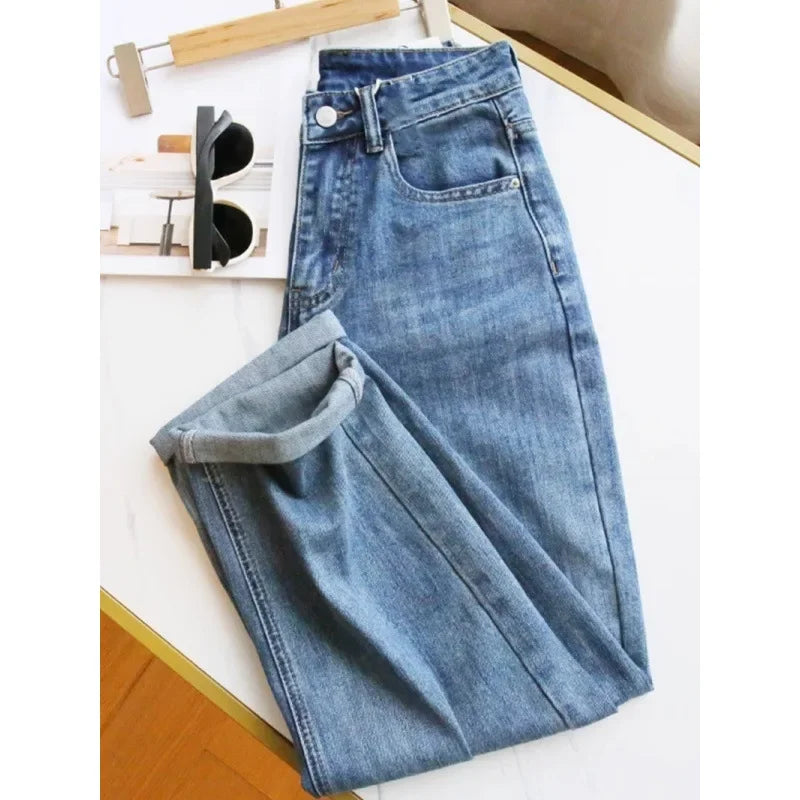 High-Waisted Light Blue Jeans For Women Summer Thin Style Stretchy Fit Pear Shape Body Shaper Dad's Potato Pants