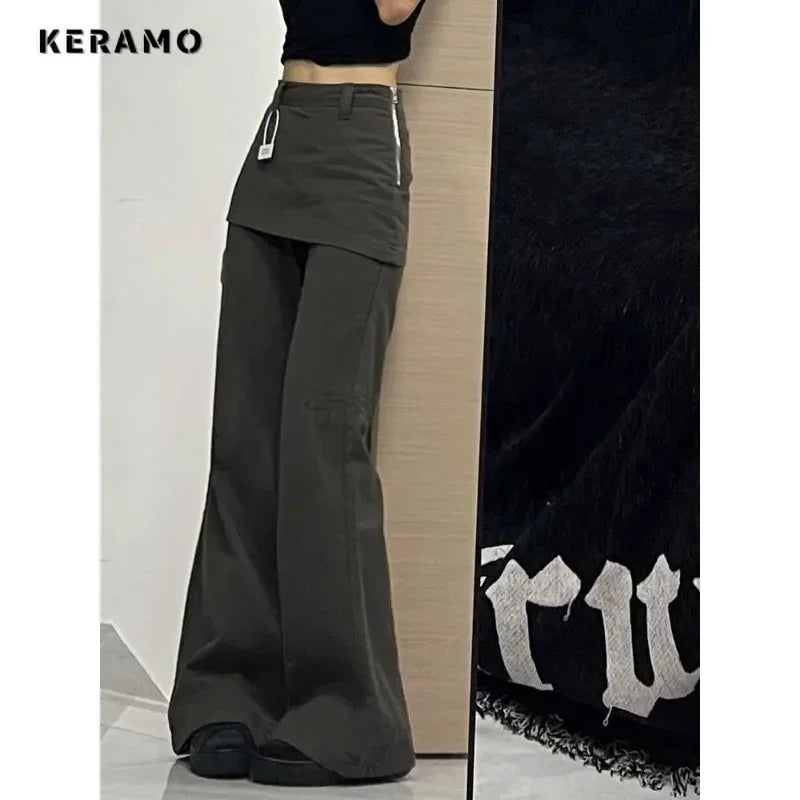 2025 Autumn Female Harajuku High Waist Flared Jeans Retro Y2K Hight Street Pants Women's Vintage Patchwork Denim Trouser