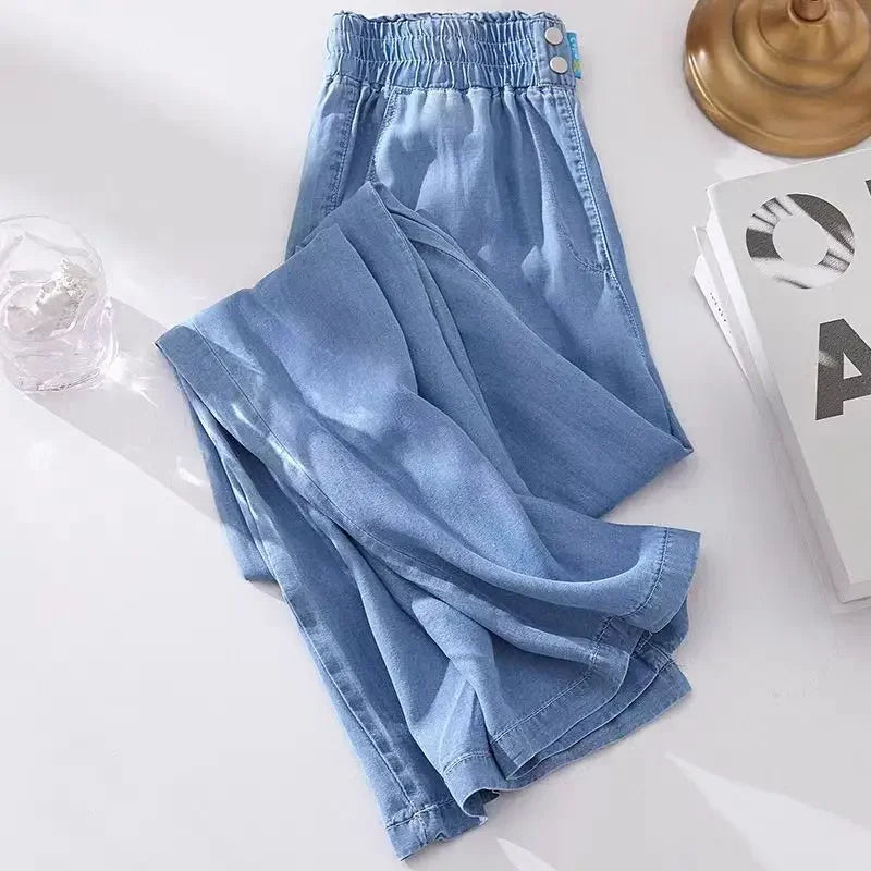 Loose Fit Ice Silk Denim Casual Pants Women's Summer Trendy Brand Thin Wide Leg Pants High Waist Wide Leg Jeans