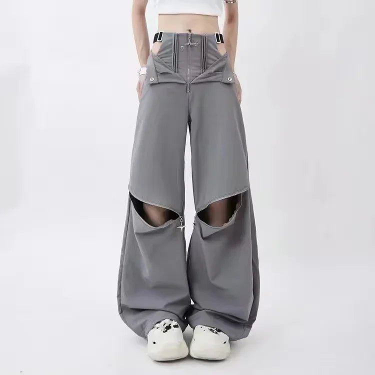Grey Cargo pants female casual original retro multi zip pocket