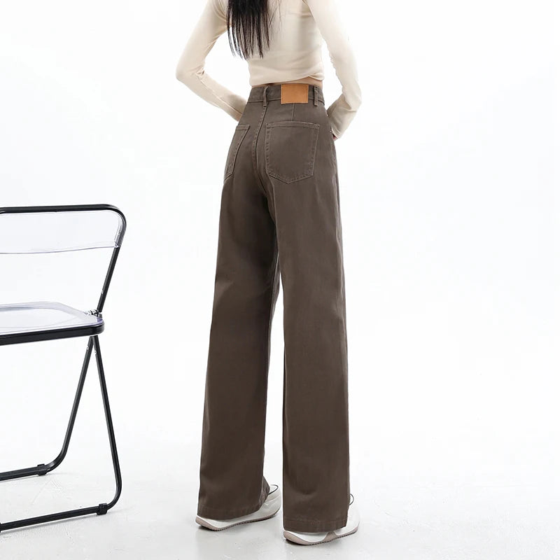 Baggy High Street Fashion Straight brown Jeans for Women's Y2k High Waist Female Clothing Solid Color Casual Wide Denim Trousers