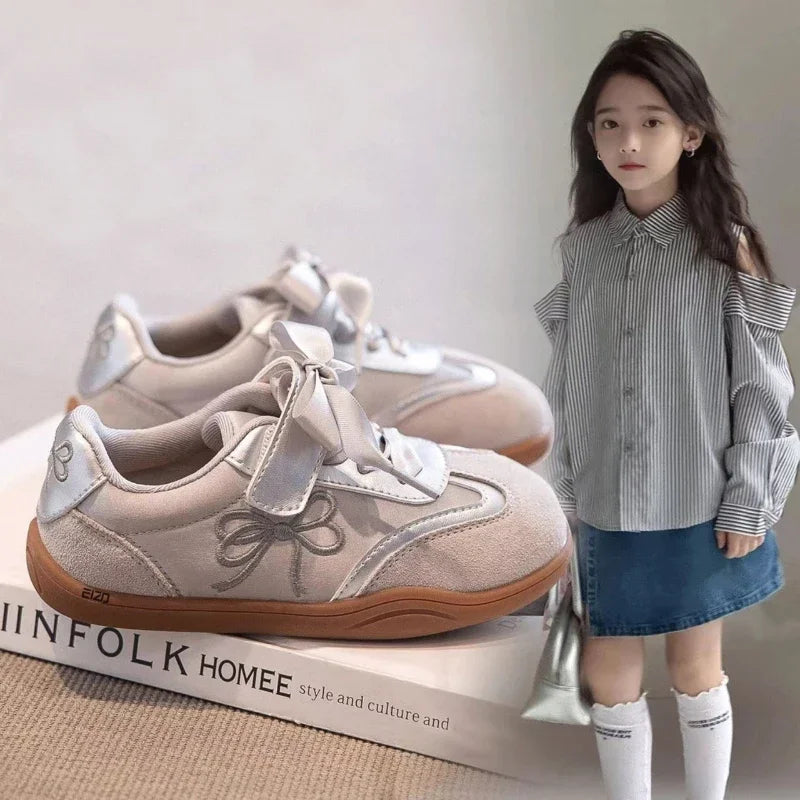 2025 Children Casual Sneakers for Girls Spring New Fashion Korean Style Soft Anti-slippery Versatile Chic Sweet Bowtie Shoes