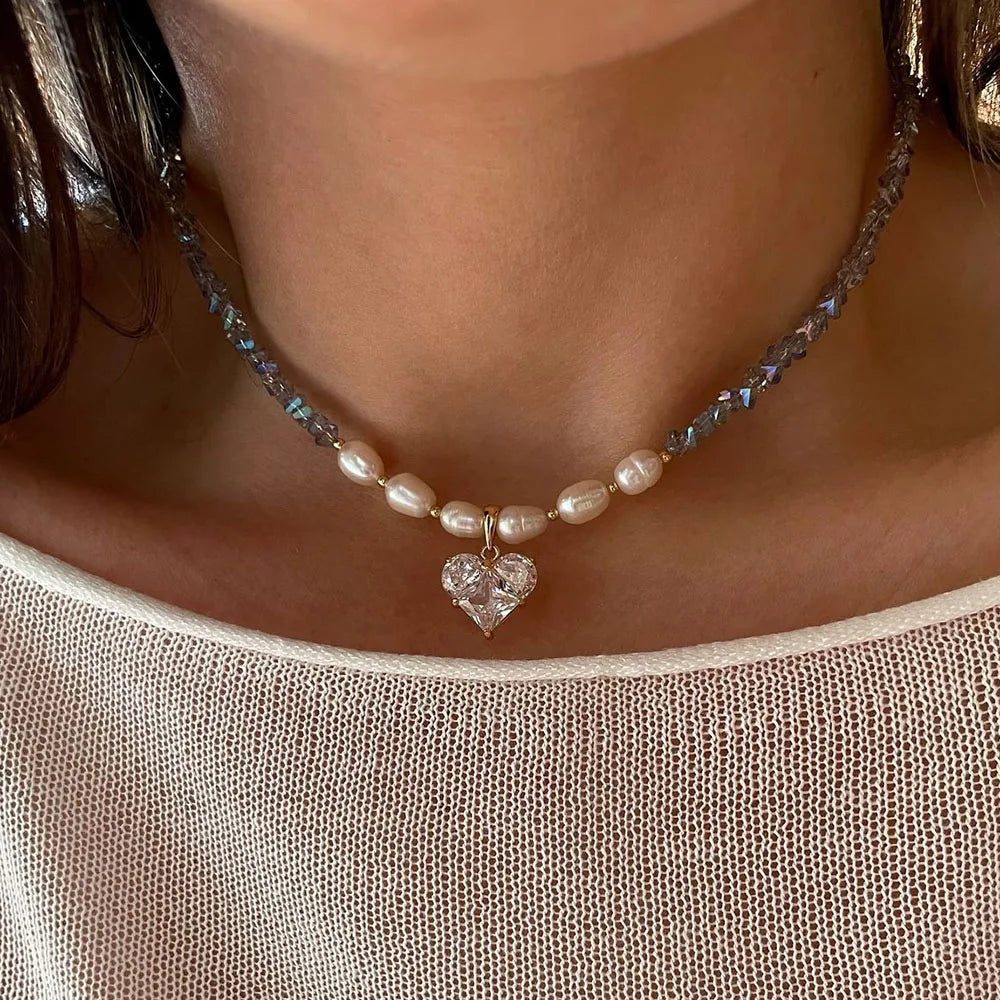 Irregular Beads Chain With Crystal Heart Pendant Necklace for Wome