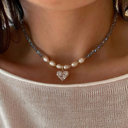 Irregular Beads Chain With Crystal Heart Pendant Necklace for Wome