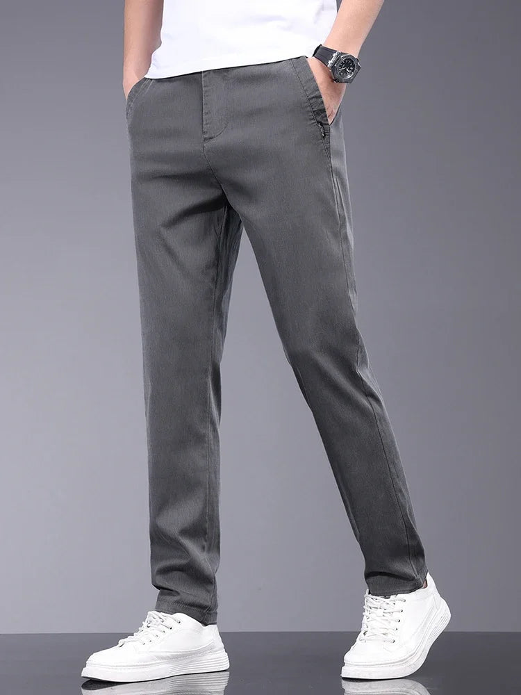 Lyocell Fabric Summer Thin Men's Casual Pants Slim Straight Elastic Waist Solid Color Business Work Trousers Brand Clothes